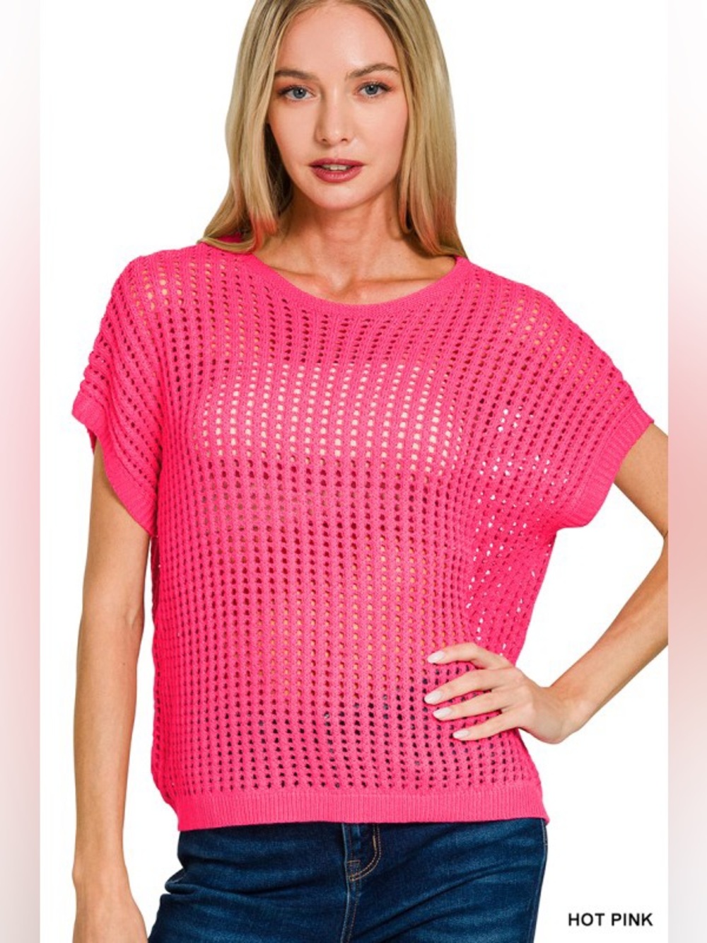 Zenana Hot Pink VISCOSE CROCHET KNIT SHEER HOLLOW
SWEATER